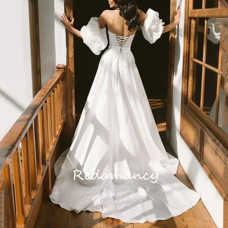 Redamancy Simple Charming Satin Wedding Dresses 2024 Sweetheart Wedding Gowns Side Split Satin Short Sleeves Long Bridal Gowns