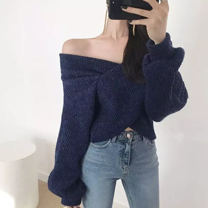 Winter and Spring Women's 2024 Cashmere Pullover V-neck Pull Back Sexy Off-shoulder Sweater Knit Korean Elegant Ladies Pullover
