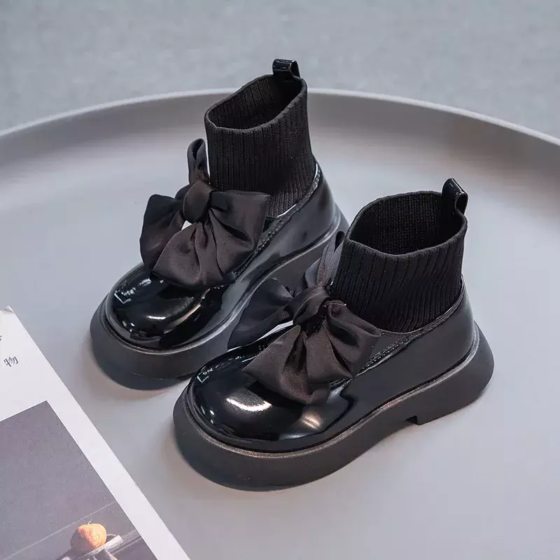 Детские ботинки, модные черные носки из искусственной кожи с бантом для девочек, осенне-зимние одноботинки, школьная обувь принцессы, детская обувь J34