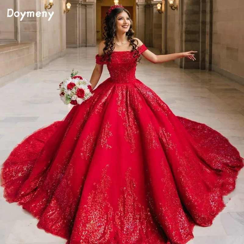 Doymeny Appliques Quinceanera Dress Off The Shoulder Sparkly Sequined Ruffles Satin Sweep Prom Dresses Sweet 16 Party vestido 15