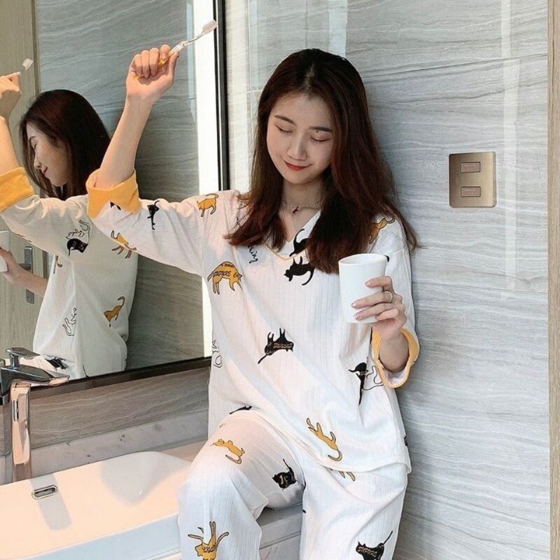 Indumenti da notte donna vestiti Kawaii set pigiama autunnale camicie da notte a maniche lunghe Pullover Homewear set ricamo indumenti da notte coreani