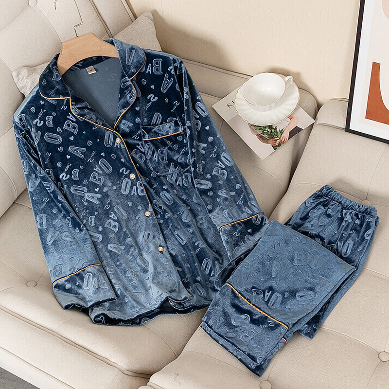 Conjunto de Pijama de terciopelo para mujer, ropa de dormir con estampado de letras azules, ropa de estar por casa informal holgada, otoño