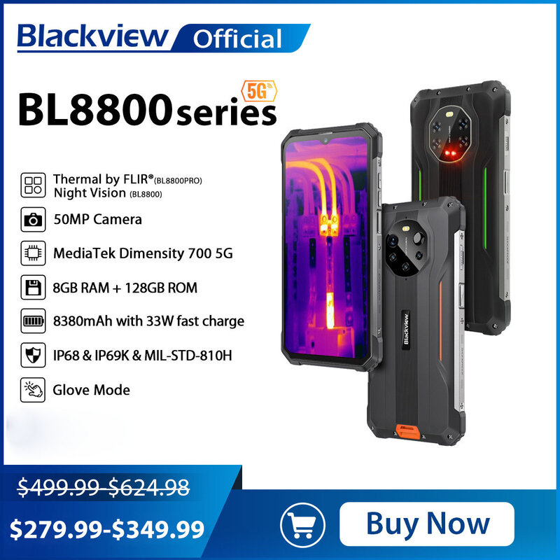 Blackview BL8800 나이트 비전 및 BL8800 프로 5G 러기드 머신, 열화상 카메라 FLIR®6.58 인치 8GB + 128GB, 8380mAh, 33W