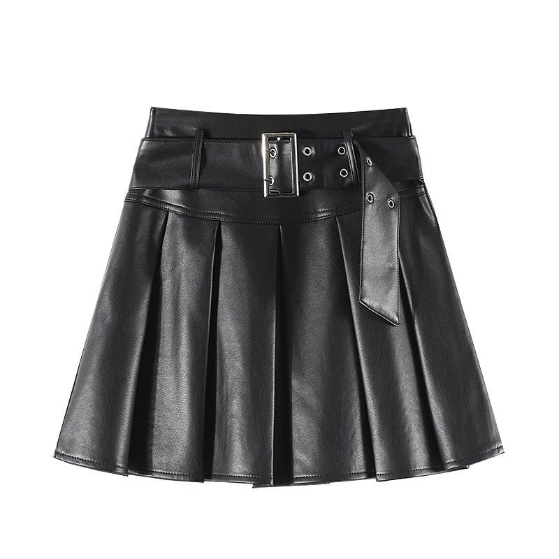 2024 New Spring/Summer Slimming High Waist Pleated Skirt Half Skirt Fashionable Spicy Girl Fashionable Style Leather Skirt