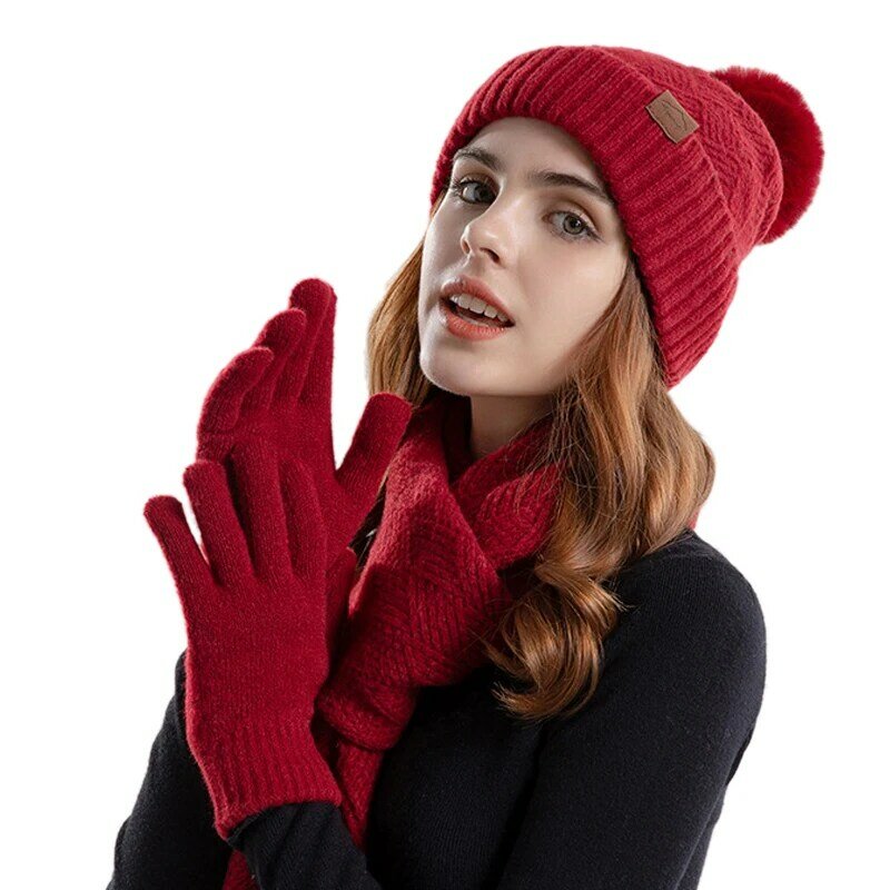 3 pçs/set inverno pompom chapéu cachecol luvas definir senhora ao ar livre quente lã grossa forrado skullies beanies tela de toque dedo cheio luva