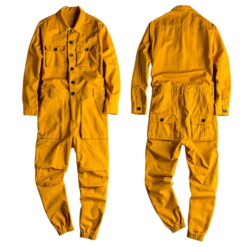 Monos de primavera para hombre, mono holgado de manga larga, pantalones Cargo de algodón, ropa de trabajo negra y amarilla, monos de uniforme de trabajo