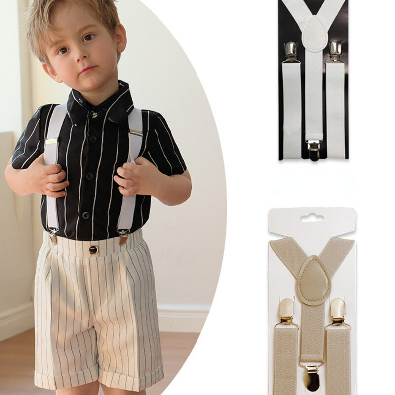 Suspensórios infantis Shorts cinta traseira, alças elásticas ajustáveis para crianças, calças para meninos, vestido de casamento listrado para meninas, 3 clipes