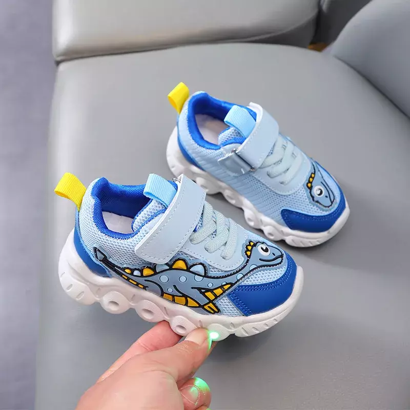 Zapatillas sepatu kets LED bayi, Sneaker tenis kasual kartun dinosaurus anak laki-laki dan perempuan