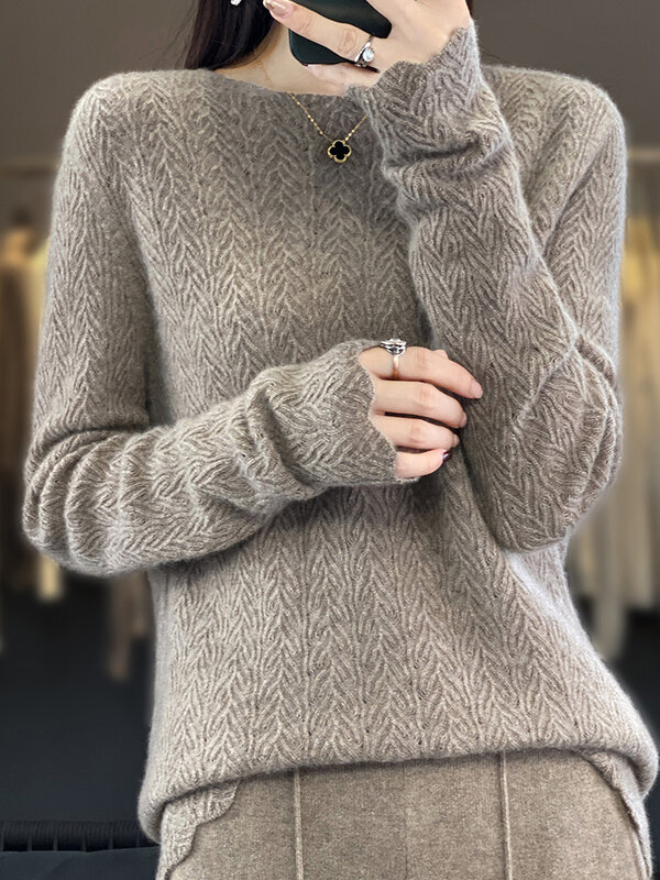 Suéter de lana australiana para mujer, jersey de cuello redondo, sin costuras, listo para usar, ahuecado, ropa de punto, nueva moda