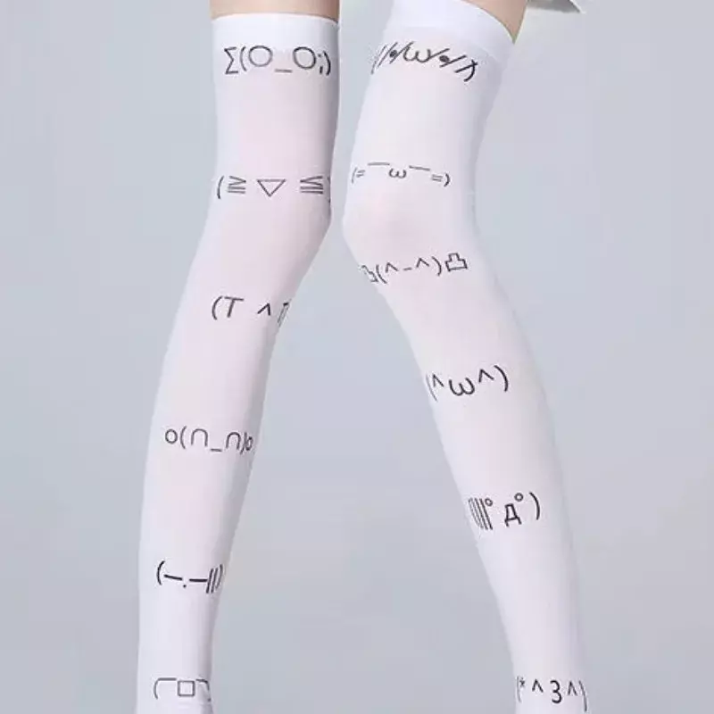 Stoking panjang gambar huruf grafiti ekspresi Kawaii putih kaus kaki panjang Harajuku di atas lutut paha tinggi Y2K kaus kaki Cosplay imut Kawaii