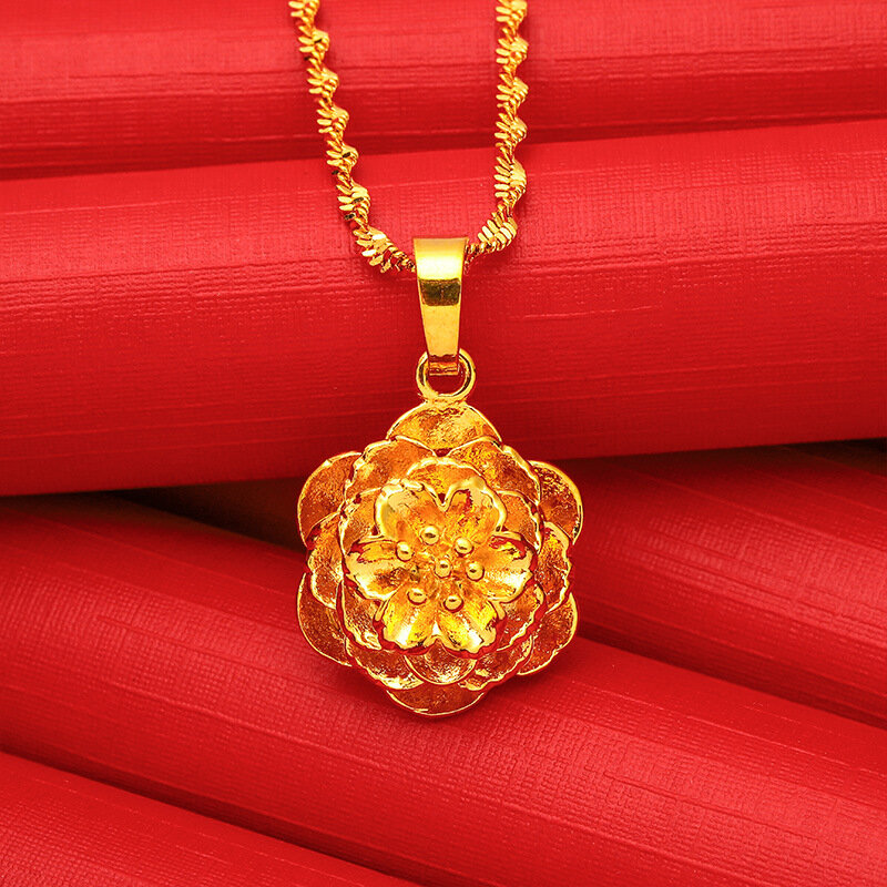24K Gold Plated Openwork Peony Necklace for Women Ladies Wedding Bridal Charm Flower Pendant Choker Water wave Chain Jewelry
