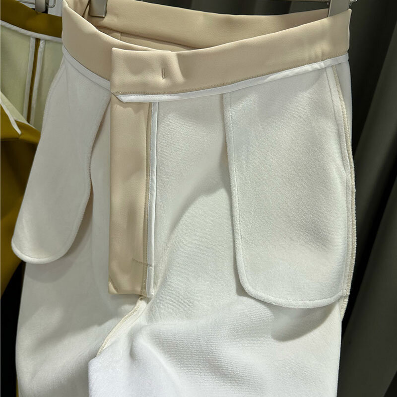 Celana Setelan Lurus Musim Dingin Plus Celana Panjang Lebar Tebal Wanita Beludru Pakaian Musim Gugur Kasual Pinggang Tinggi Tirai Beige Musim Semi