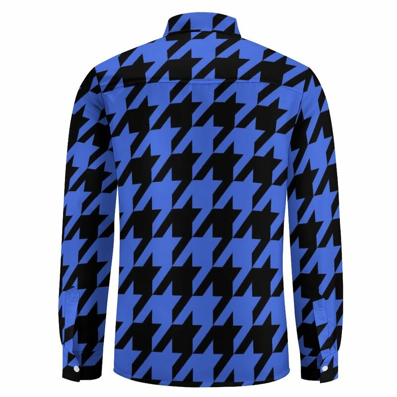 Blue Houndstooth Blouse Mens Vintage Print Shirt Long Sleeve Vintage Stylish Casual Shirts Spring Graphic Clothing Plus Size
