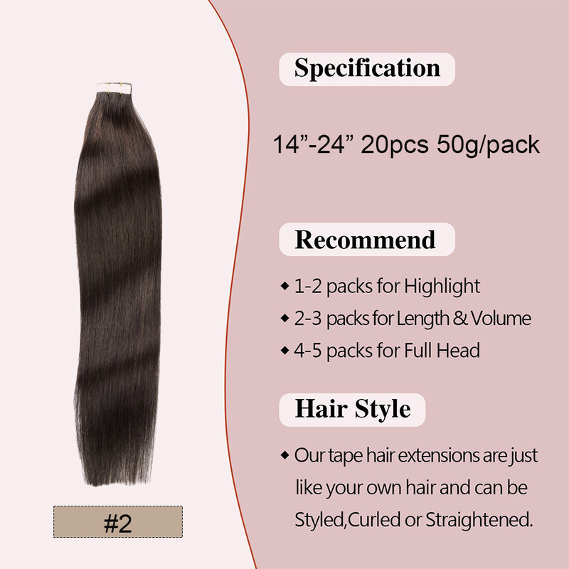 Extensions de Cheveux Humains Lisses Brun Foncé #2, Sans Couture, Invisible, 20 Pièces/Paquet, 50g, Livraison Gratuite