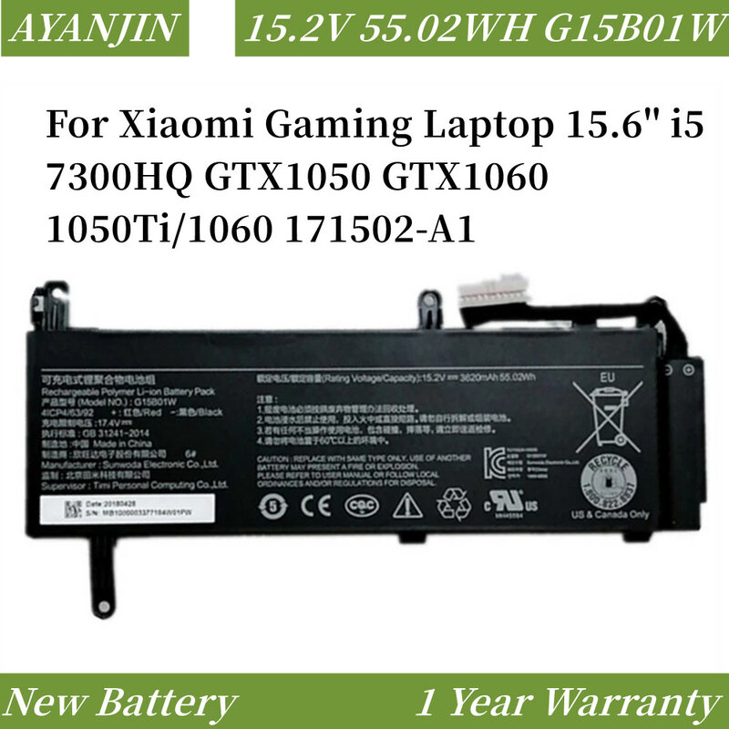 Bateria do portátil para Xiaomi Gaming Laptop, 15.6 em i5, 7300HQ, GTX1050, GTX1060, 1050Ti, 1060, 171502-A1, G15B01W, 15.2V, 5.4 WH
