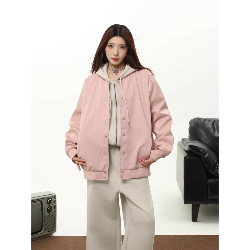 Jaket Korea musim dingin untuk wanita, 2023 seragam bisbol pakaian jalanan, jaket mantel ukuran besar, mantel merah muda longgar pelajar