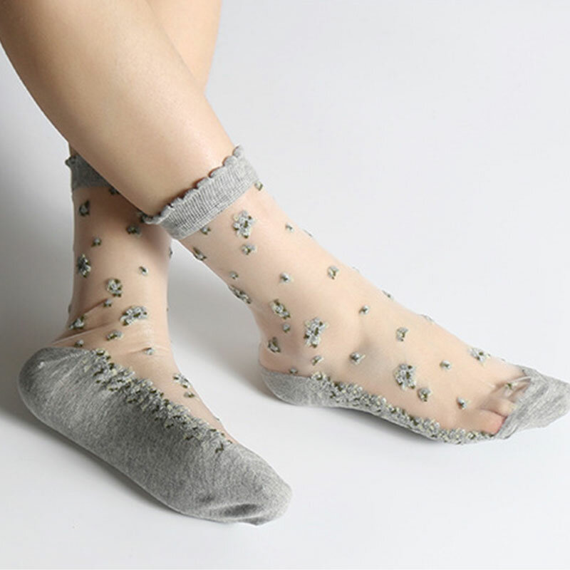 Летние дышащие ультратонкие носки 1 пара, женские прозрачные кружевные шелковые эластичные короткие носки для девушек с цветком розы и кристаллами, женские носки