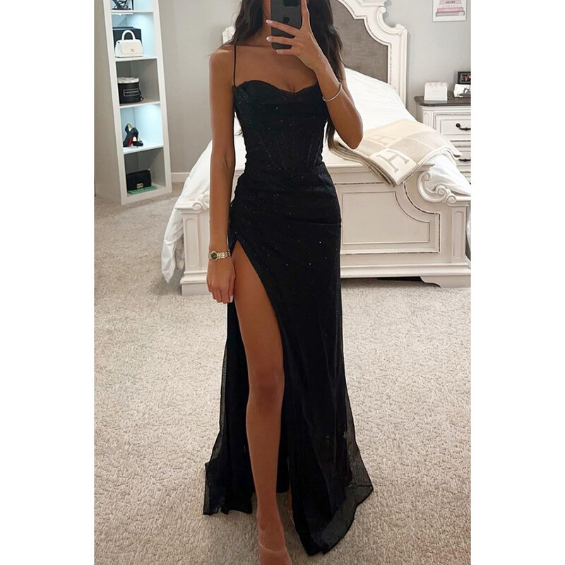 Sexy Sparkly Formal Occasion Dress For Women Chic Spaghetti Strap High Split Prom Long Dresses Lady Cocktail Evening Party Gowns