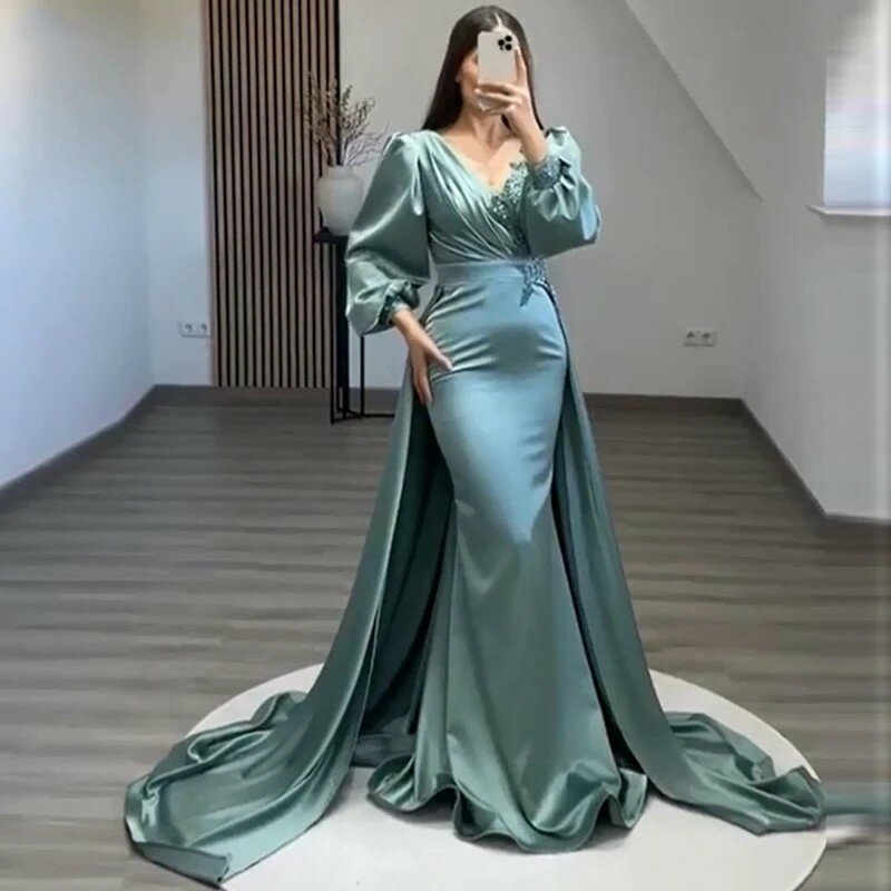 Blaue Satin V-Ausschnitt Meerjungfrau Abendkleider Puff lange Ärmel formelle Party kleider Dubai Arab Porm Kleid Vestidos de Pache