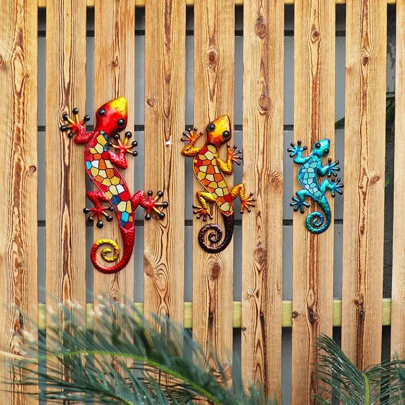 gecko wall decoration, garden courtyard decoration wall hanging set, colorful glass gecko Iron crafts for Kitchen Living Room
