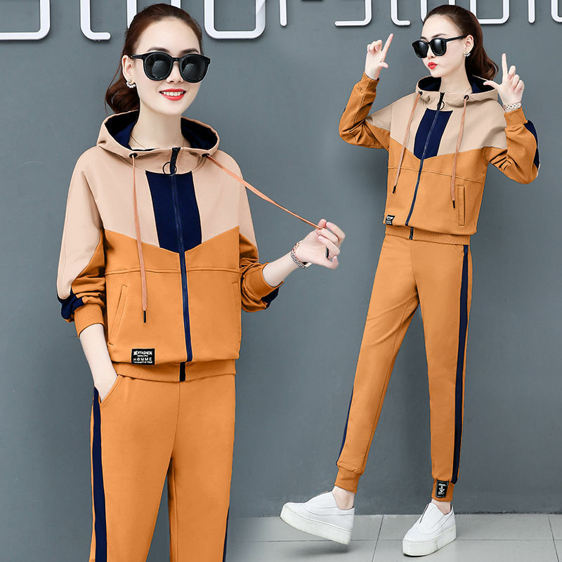 Sports Set Women's 2023 New Spring and Autumn Season Loose Korean Edition Contrast Panel Hooded Fashionable Top Two Piece Set