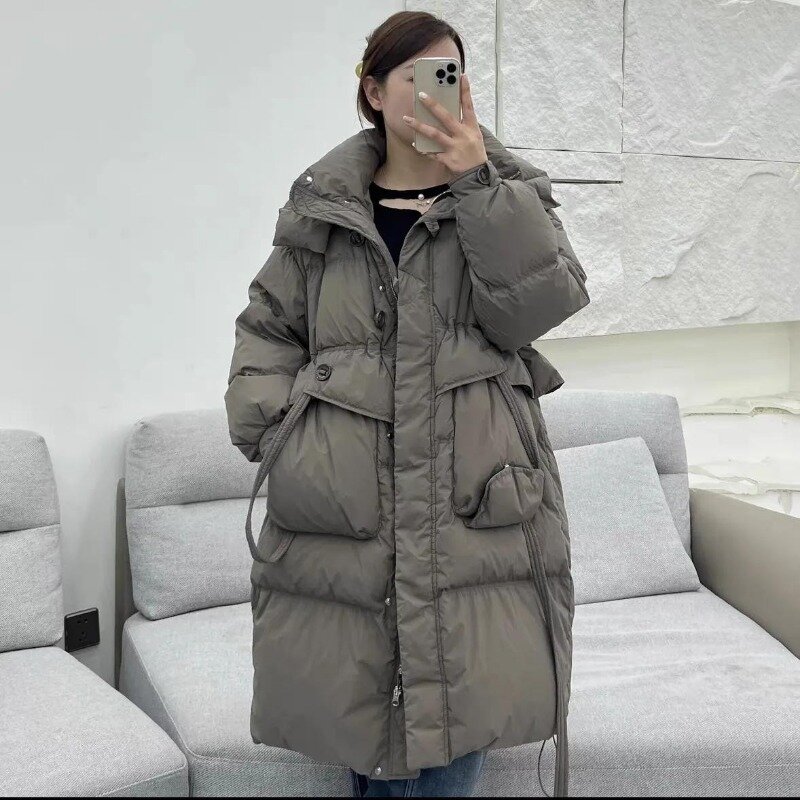 Winter New Down Coat Women Mid Length White Duck Down Windproof Hood Loose  Warm Lacing Solid Coat Parkas