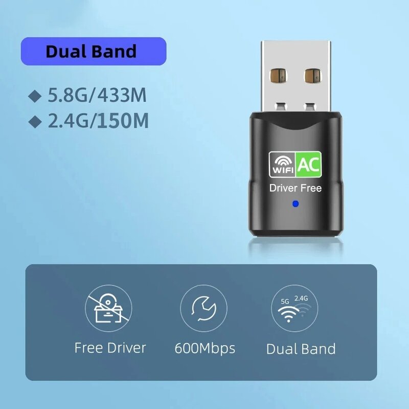 Adaptador USB WiFi de Banda Dupla, 600Mbps, AC600, 5.8GHz, 2.4GHz, PC, Mini Computador, Receptor de Placa de Rede, 802.11B, G, AC, AC
