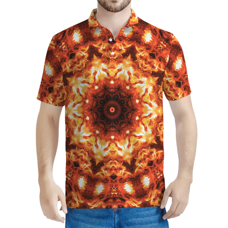 Polo psychédélique imprimé 3D coloré pour hommes, motif kaléidoscope, manches courtes, t-shirts à revers, chemises à boutons décontractées, été