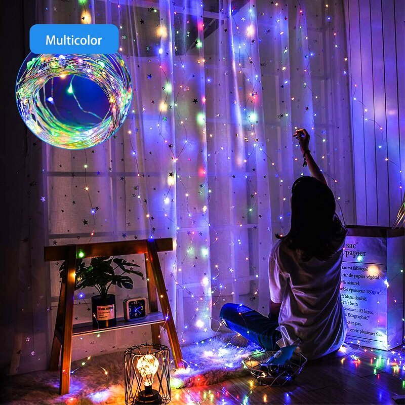 リモコン付きマルチカラーLEDカーテンライト,3m,温かみのある白色光,USBガーランド,寝室や家の装飾照明。