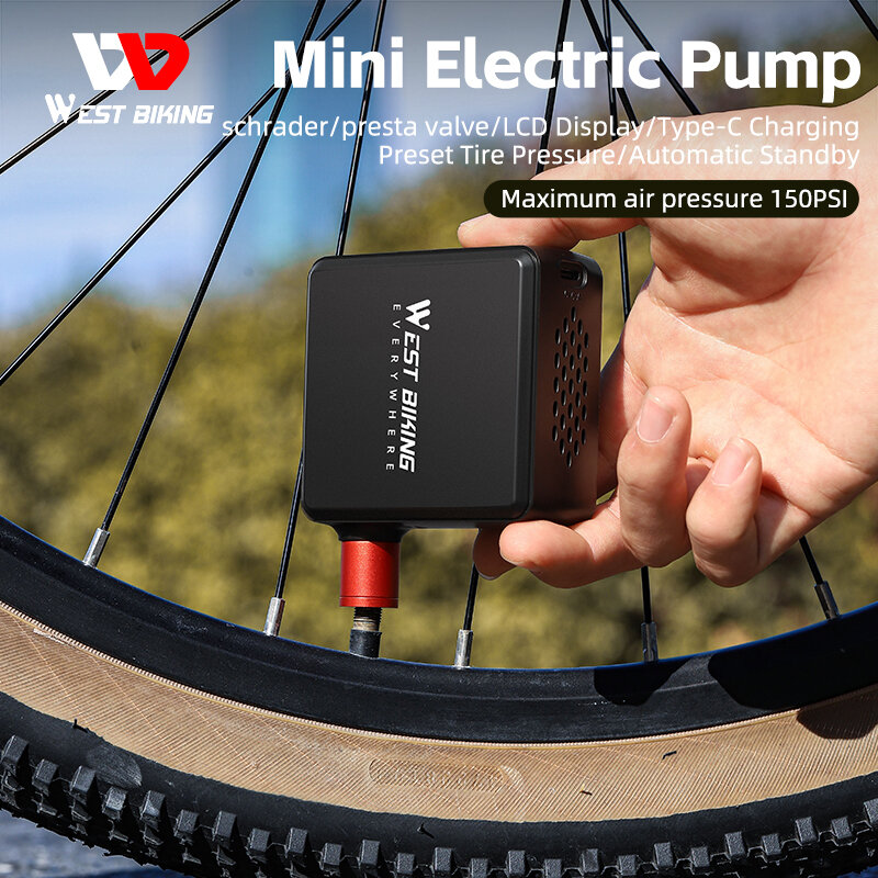WEST BIKING Bike Pump portable Mini Electric Air Pump with LCD Display 150PSI Tire Inflator Motorcycle Car E-bike Bicycle Pump
