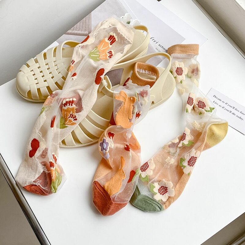 Meias de nylon ultrafinas para mulher, estilo japonês, lindas meias florais, seda de vidro, tubo médio, retrô, verão