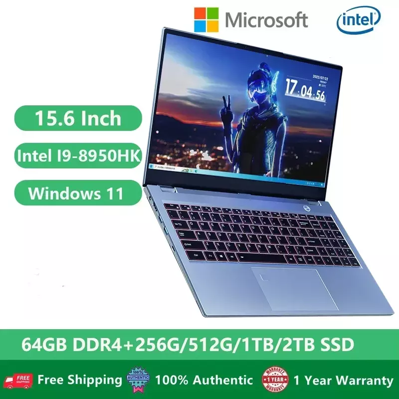 Laptop Gaming I9, notebook kantor, PC komputer Desktop Windows 11 15.6 "Intel I9-8950HK 64GB RAM Dual DDR4 M.2 RJ45 Port