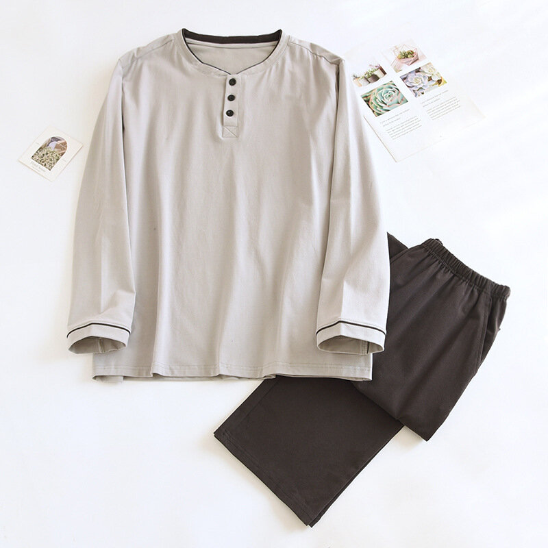 Pijama de algodón puro para hombre, conjunto minimalista de cuello redondo, pantalones de manga larga, estilo AB, ropa para el hogar, primavera y otoño