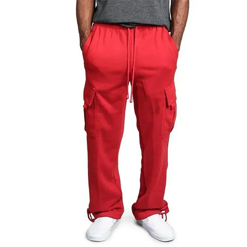 Męskie spodnie dresowe z polarem w jednolitym kolorze spodnie Cargo z wieloma kieszeniami luźne spodnie z prostymi nogawkami męskie spodnie sportowe Streetwear