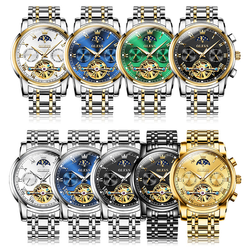 OLEVS Top Men's watches Moon Phase Calendar Week Fully Aautomatic Mechanical Watch Waterproof Luxury Original Male Wristwatch