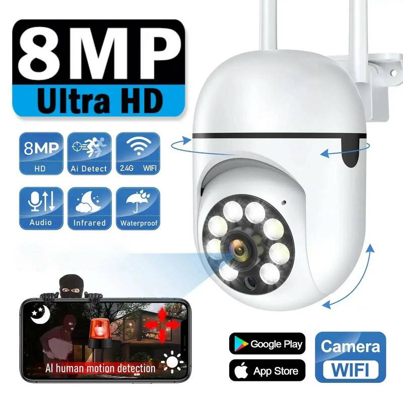 Caméra de surveillance extérieure HD 8MP, étanche IP66, dispositif de sécurité sans fil, avec vision nocturne, pour maison connectée