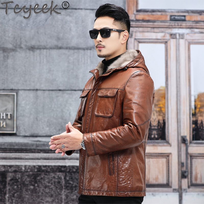 Высококачественная Мужская куртка Tcyeek из натуральной козьей кожи, Мужское пальто, 2023 модная подкладка из натурального меха норки, пальто, зимняя одежда, цельная норка