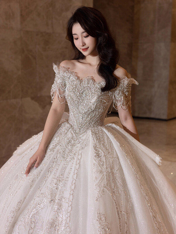 Vestido de noiva personalizado fora do ombro com Beading, Vestidos de baile princesa nupcial, Vestido de noiva luxuoso, Novo, 2024