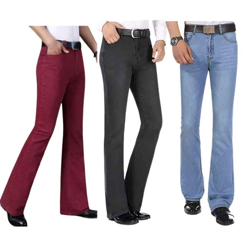 Wiosenne jesienne męskie spodnie Flare średnio wysoka talia elastyczne dżinsy dzwony modne spodnie jeansowe Slim Fit męskie jeansy