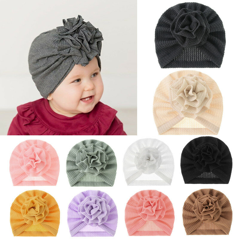 Knitted Solid Color Baby Turban Hat Sweet Floral Toddler Kids Beanie Cap Newborns Photography Props Bonnet Hair Accessories