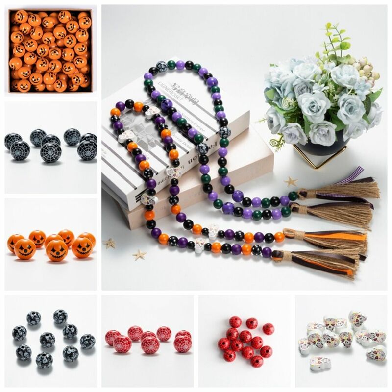 10pcs rondelle Beads Halloween Ronud Beads perline di legno colorate fatte a mano Halloween Skull smorfia perline testa di zucca artigianale fai da te