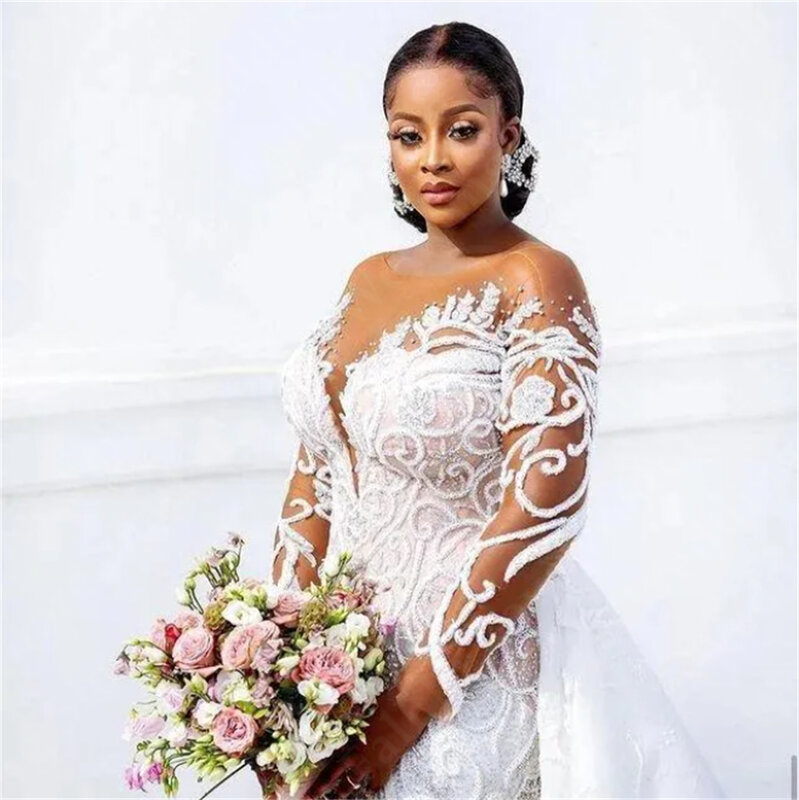 Illusion O-Neck Wedding Dresses Plus Size Mermaid Detachable Train Lace Beaded Long Sleeve Bridal Gown Robe de mariée Vestidos