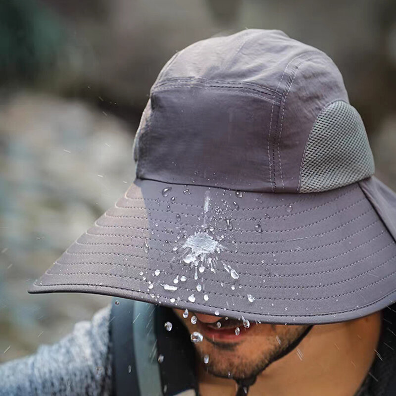 Unisex aba larga balde chapéu com tampa do pescoço, malha respirável, viseira de proteção solar, tampa anti UV, chapéu do pescador ao ar livre, verão