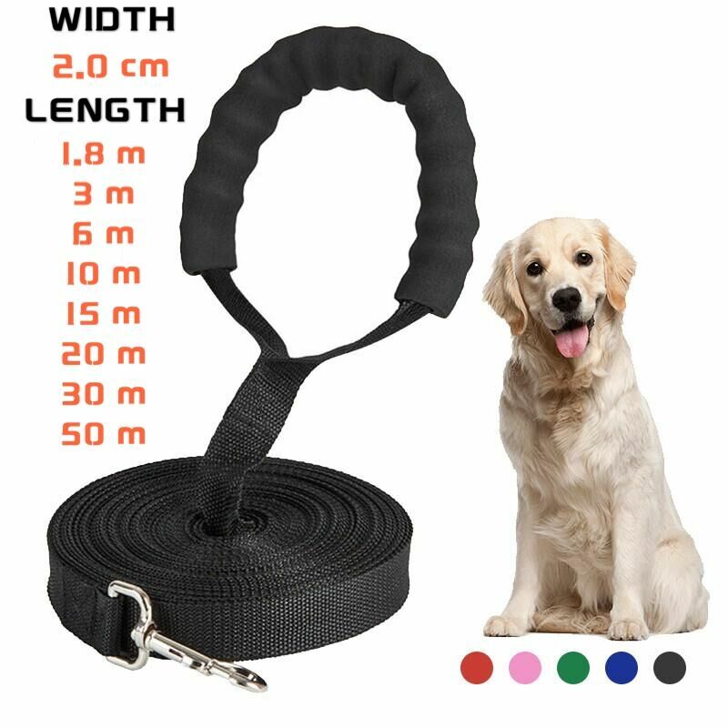 Laisse longue en Nylon avec poignée en éponge confortable pour chiens, 1.8m, 3m, 6m, 10m, 15m, 20m, 30m, 50m, accessoire d'entraînement en plein air