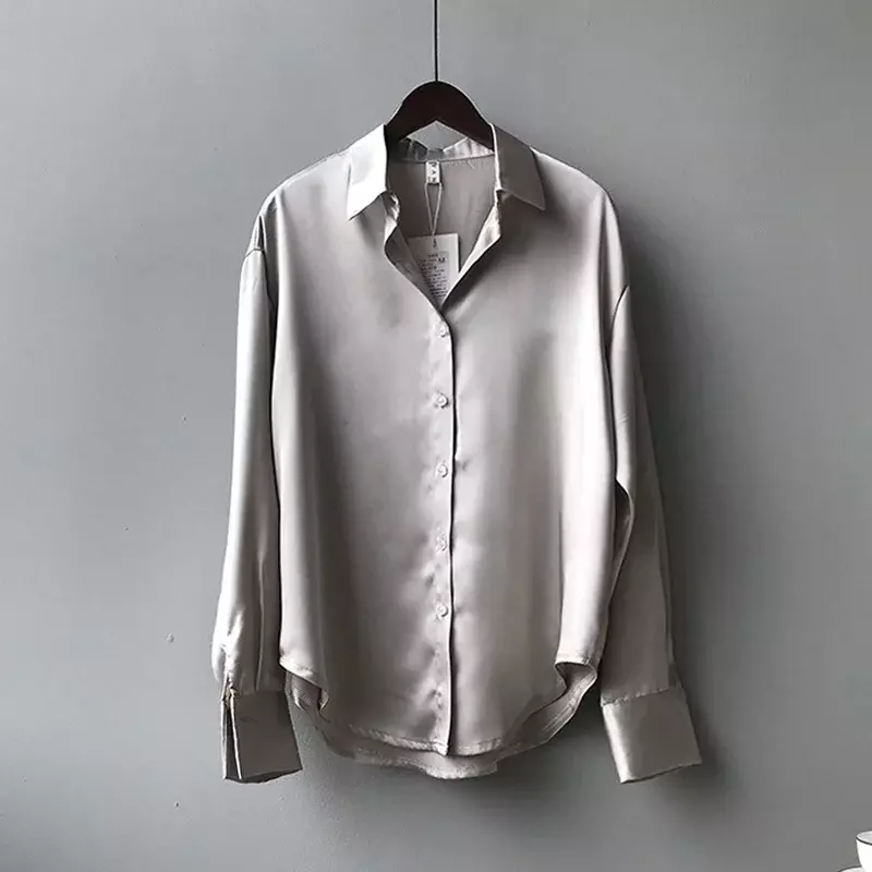 Blusa de satén de seda para mujer, camisa holgada de manga larga con botones, Estilo Vintage, a la moda, para primavera y otoño, 11355