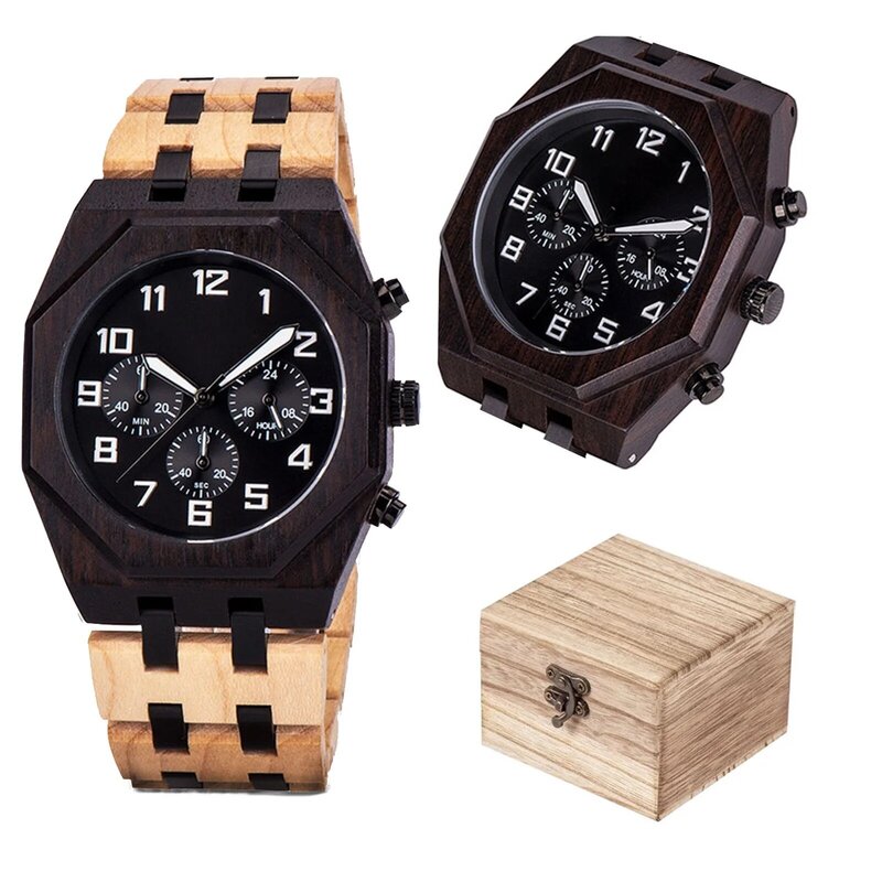 Men's Quartz Watch Wood and Stainless Steel Combination Multifunction Chronograph Scratch Resistant Glass Men's Gift Watch