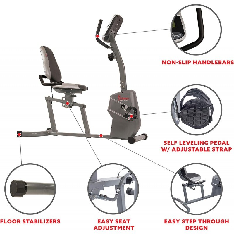 Sunny Health & Fitness Magnetic Recumbent Exercise Bike with Easy Adjustable Seat, Device Holder, RPM and Pulse Rate Monitor