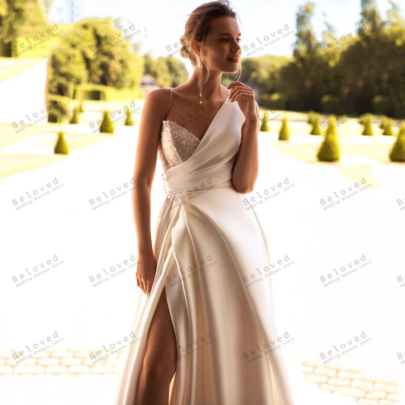 Anmutige Brautkleider Satin A-Linie Brautkleider V-Ausschnitt sexy High Split Roben für formelle Party hübsche Vestidos de Novia 2024