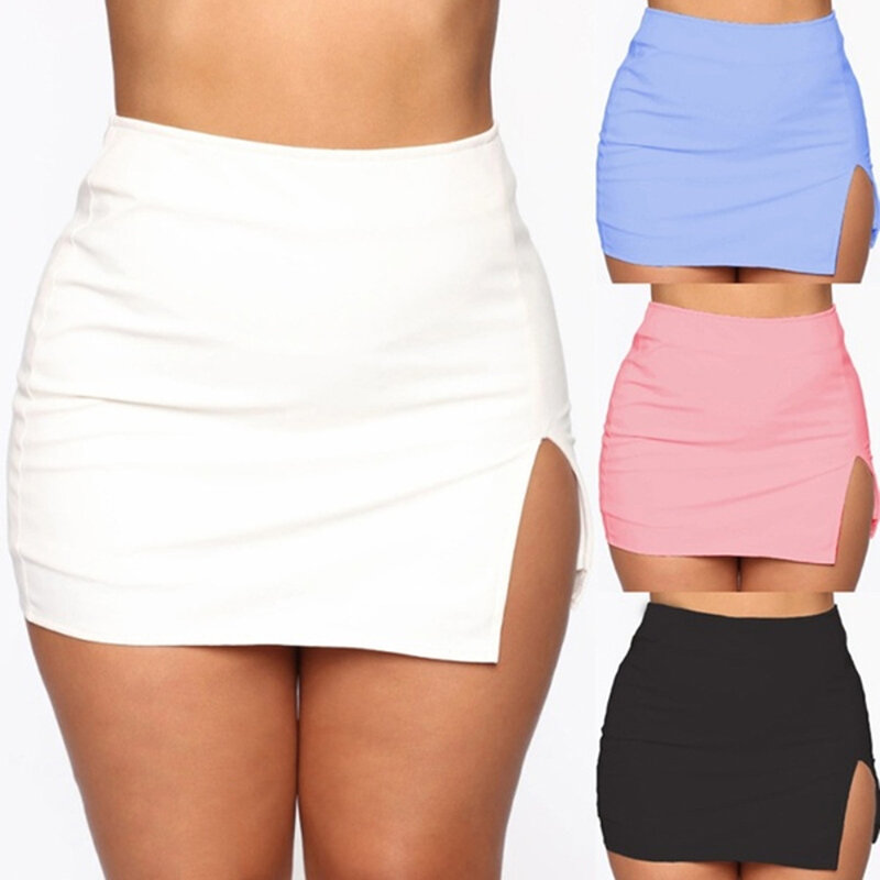 Minifalda Sexy ajustada de talla grande para mujer, Falda de tubo de cintura alta dividida, Color liso, S-5XL