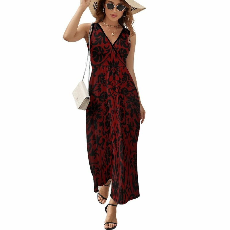Темно-Красное и черное дамасское Платье без Рукавов Летняя одежда женский летний костюм летние платья